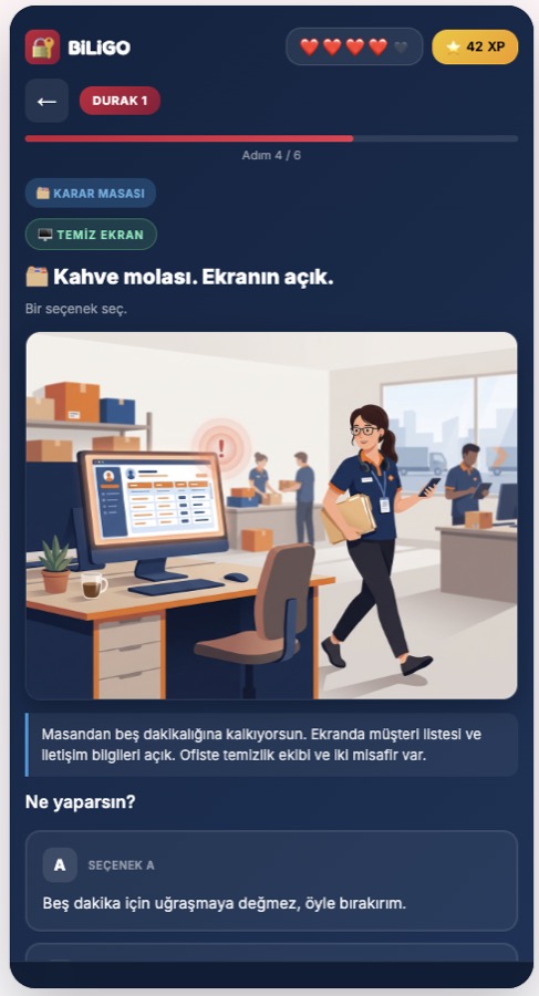 Biligo karar masası ekranı: kahve molası senaryosu, görsel ve seçenekler