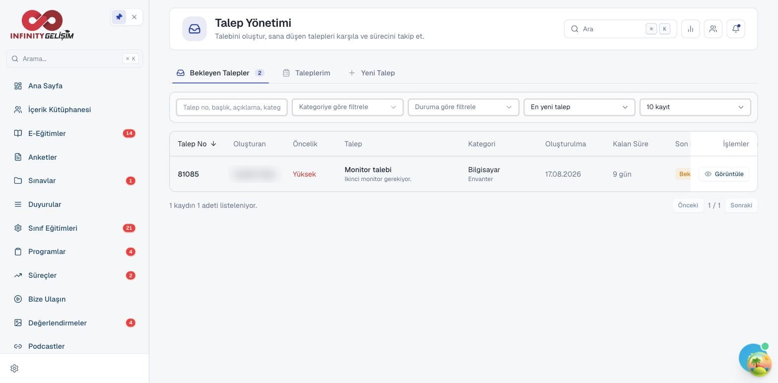Bekleyen Talepler ekranı