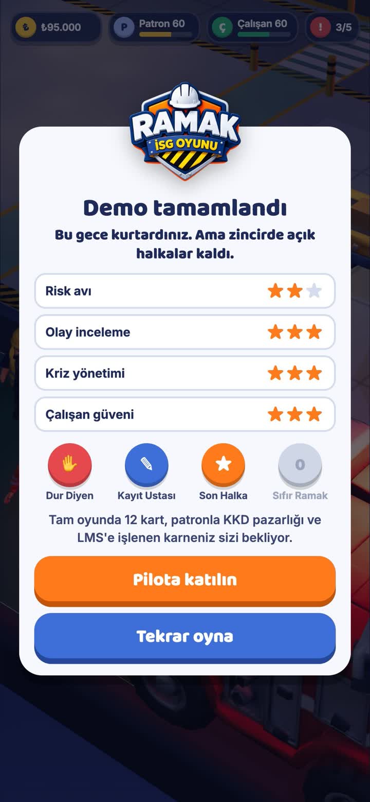 Oyun sonunda çıkan karne ekranı.